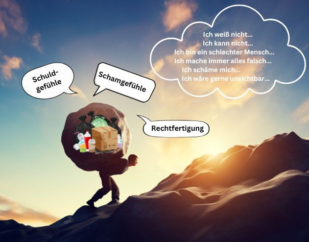 Ein Mann schleppt einen Felsbrocken auf seinem Rücken einen Berg hinauf