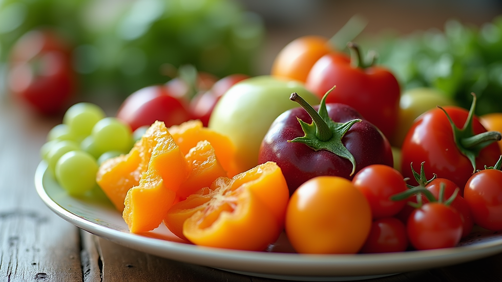 Close-up view of a colorful plate filled with fresh fruits and vegetables