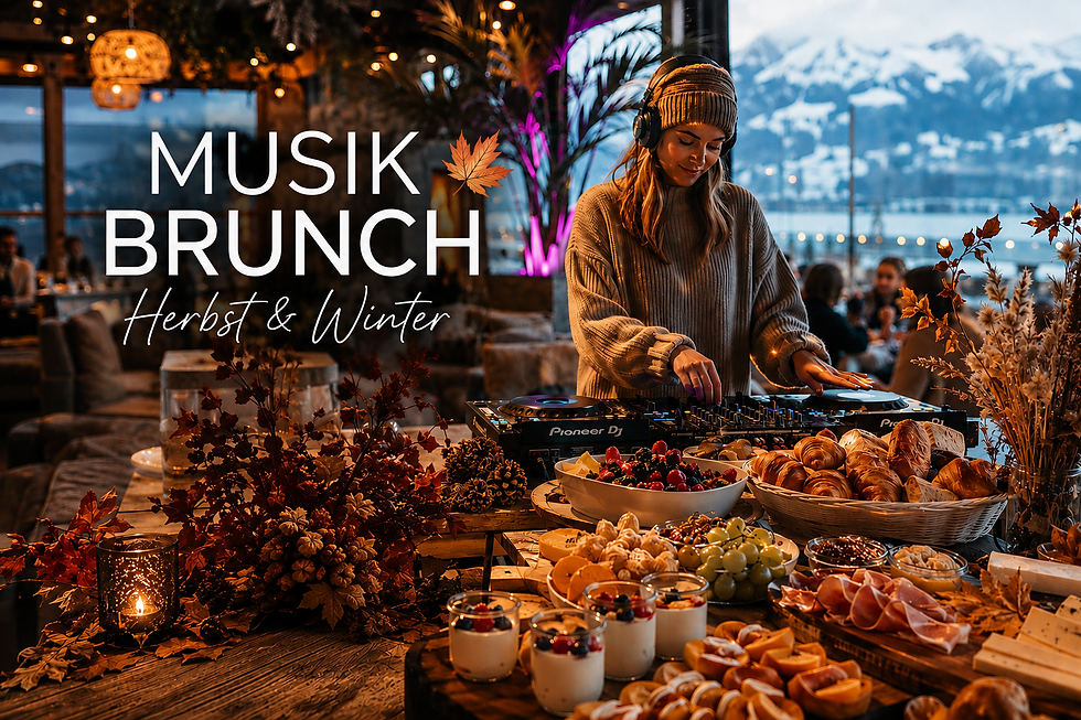 Musik Brunches - KI generiertes Bild mit Brunchbuffet und einem DJ im Hintergrund, trotz Herbstdekoration liegt im Hintergrund schon Schnee ;)