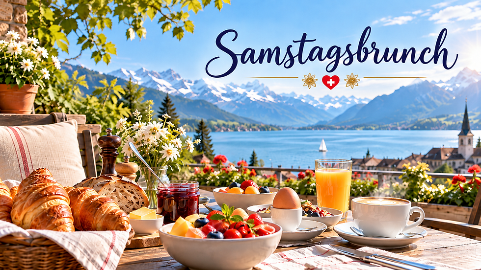Frühstücksbuffet mit Aussicht in die Berge für Samstagsbrunches am Wochende, Tipps für Brunchbuffets zum Thema weekendbrunch