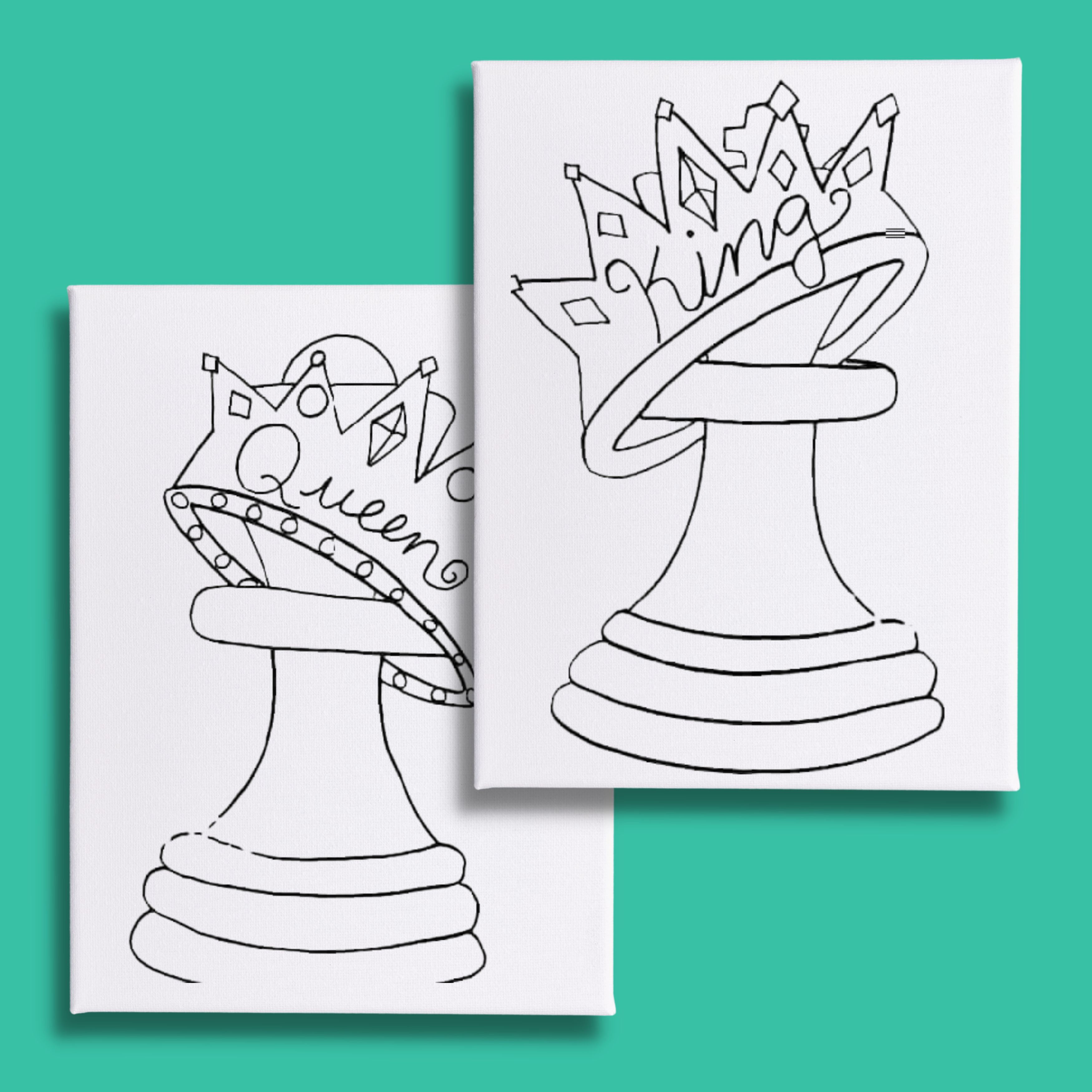 King chess piece with crown and Queen chess piece with crown sip and paint canvases and paint brush