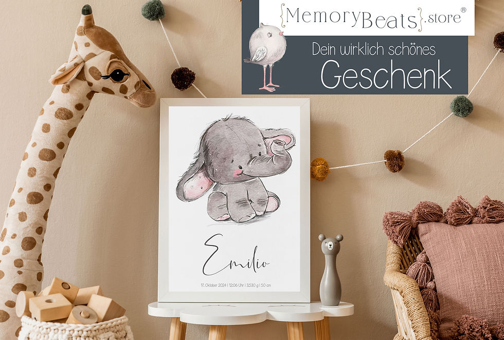 Miniaturbild: Personalisiertes Babyposter - Elefantenbaby mit Geburtsdaten.