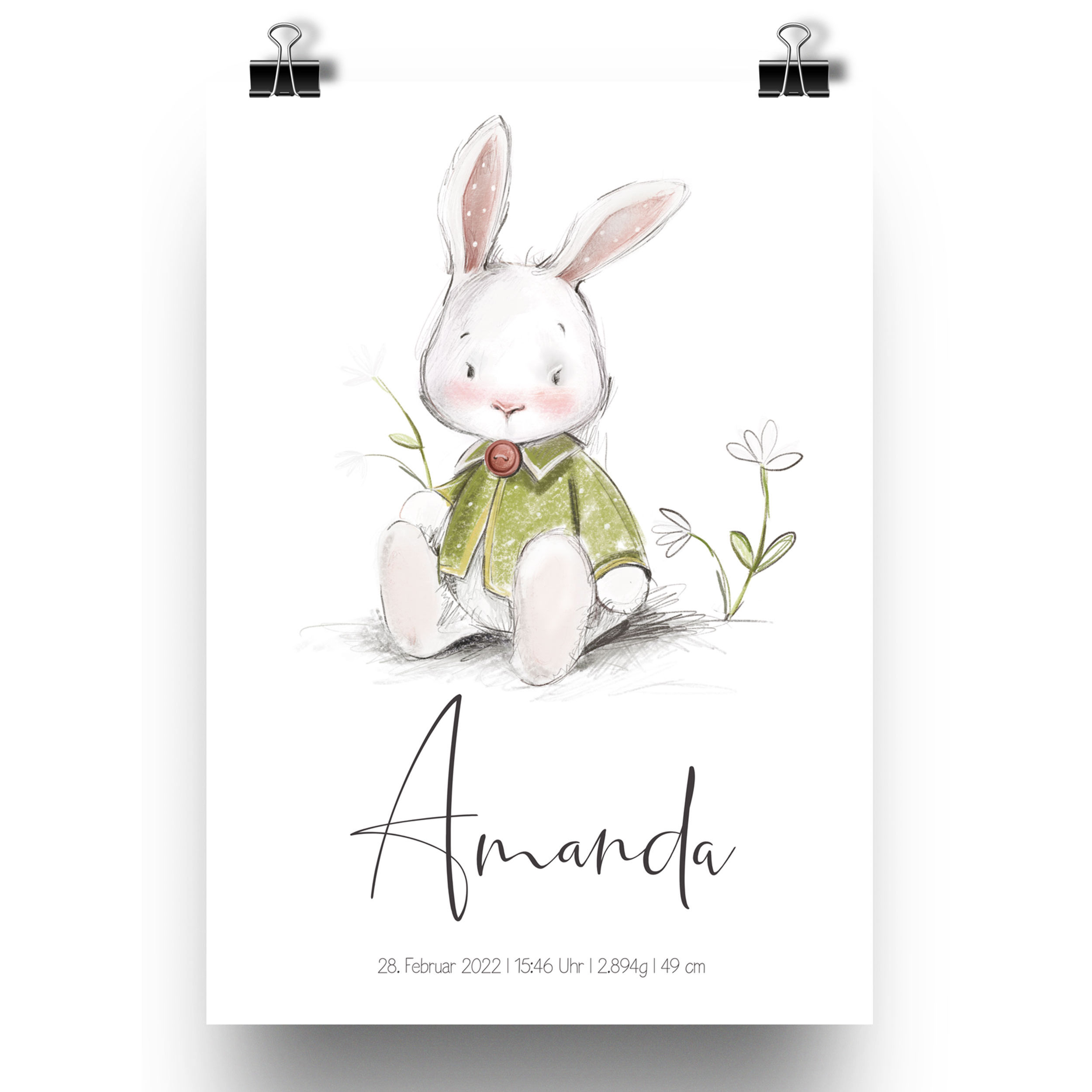 Personalisiertes Babyposter - süßer Hase mit Geburtsdaten.
