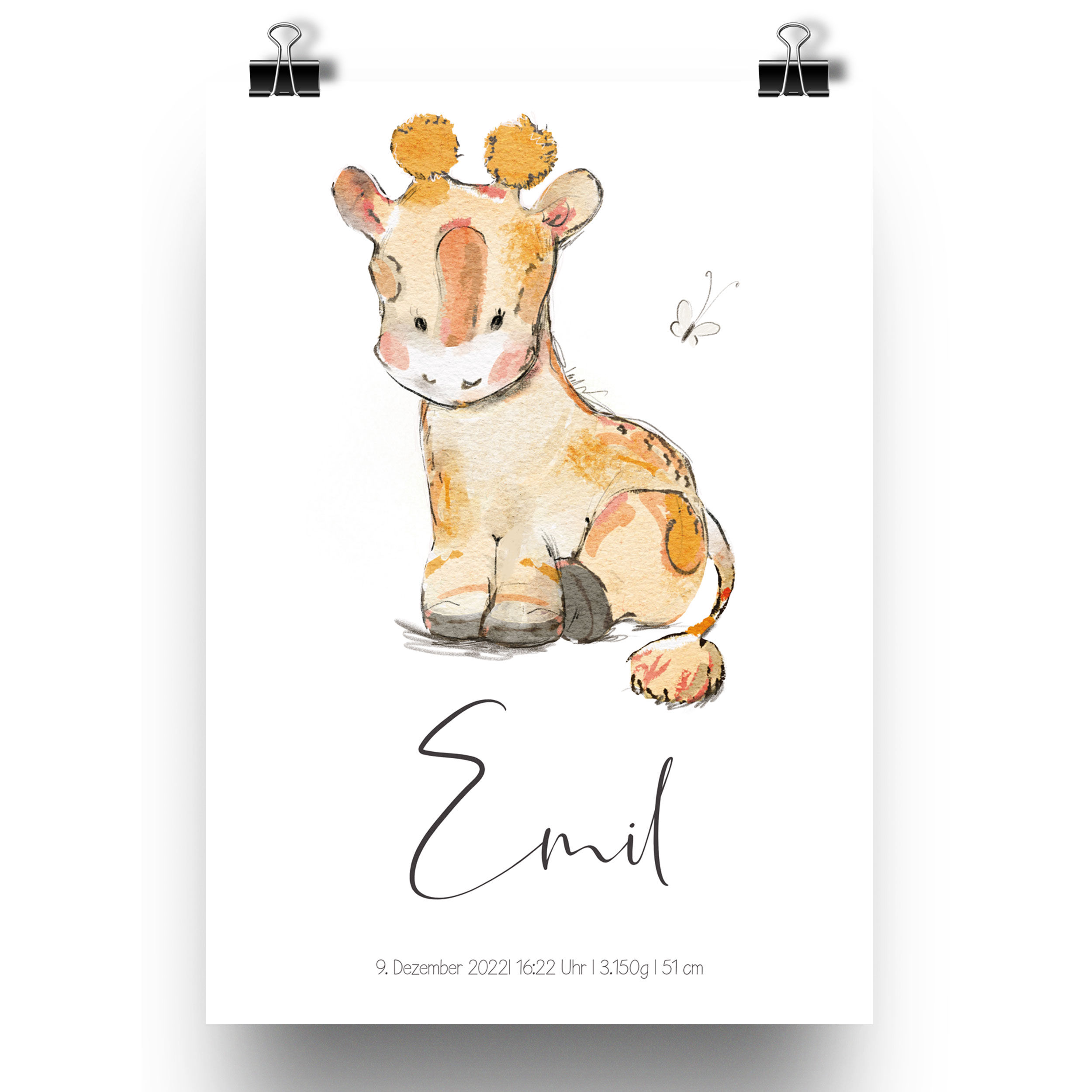 Personalisiertes Babyposter - Giraffe mit Geburtsdaten.