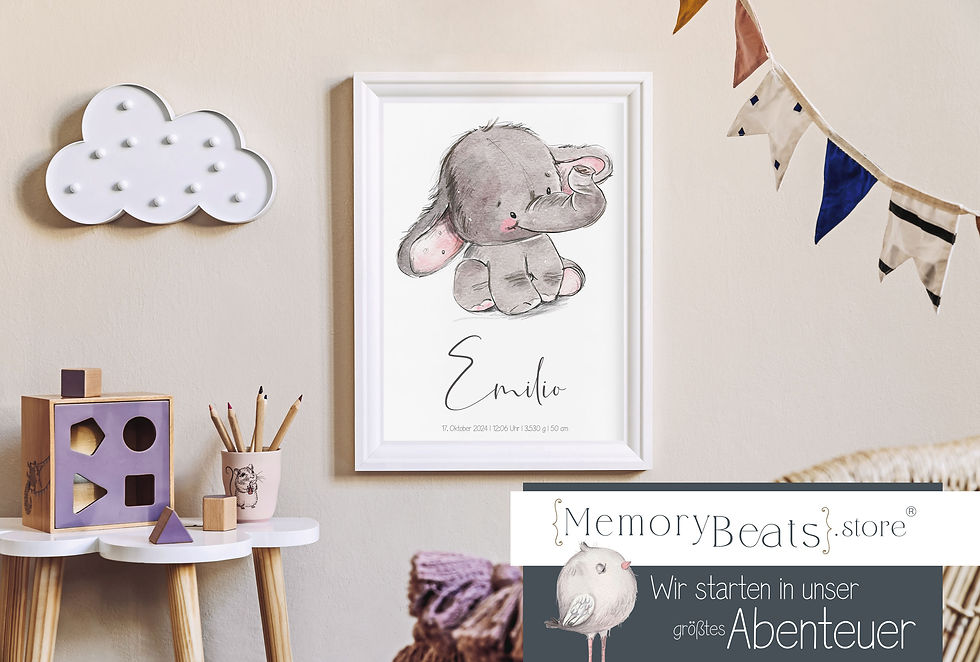 Miniaturbild: Personalisiertes Babyposter - Elefantenbaby mit Geburtsdaten.