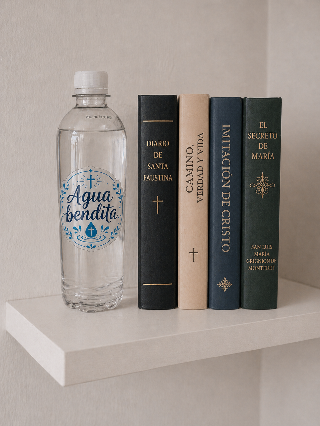 Sticker para poner en la botella de agua bendita en tonos azules 