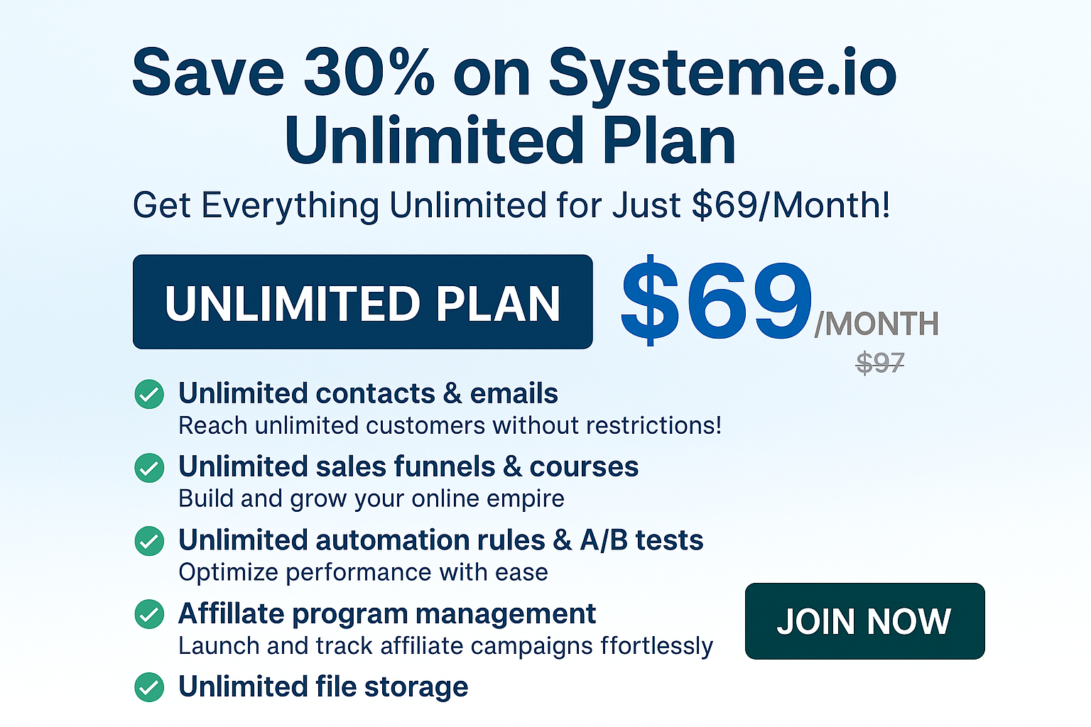 Save 30% on Systeme.io Unlimited Plan – Get Unlimited Funnels, Emails & More for