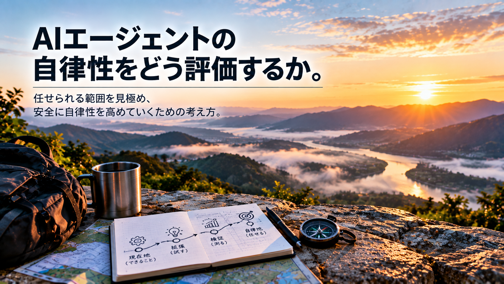 AIエージェントの自律性を、現在地から拡張・検証を重ねて任せられる範囲へ進む道のりとして表現した山岳ルート