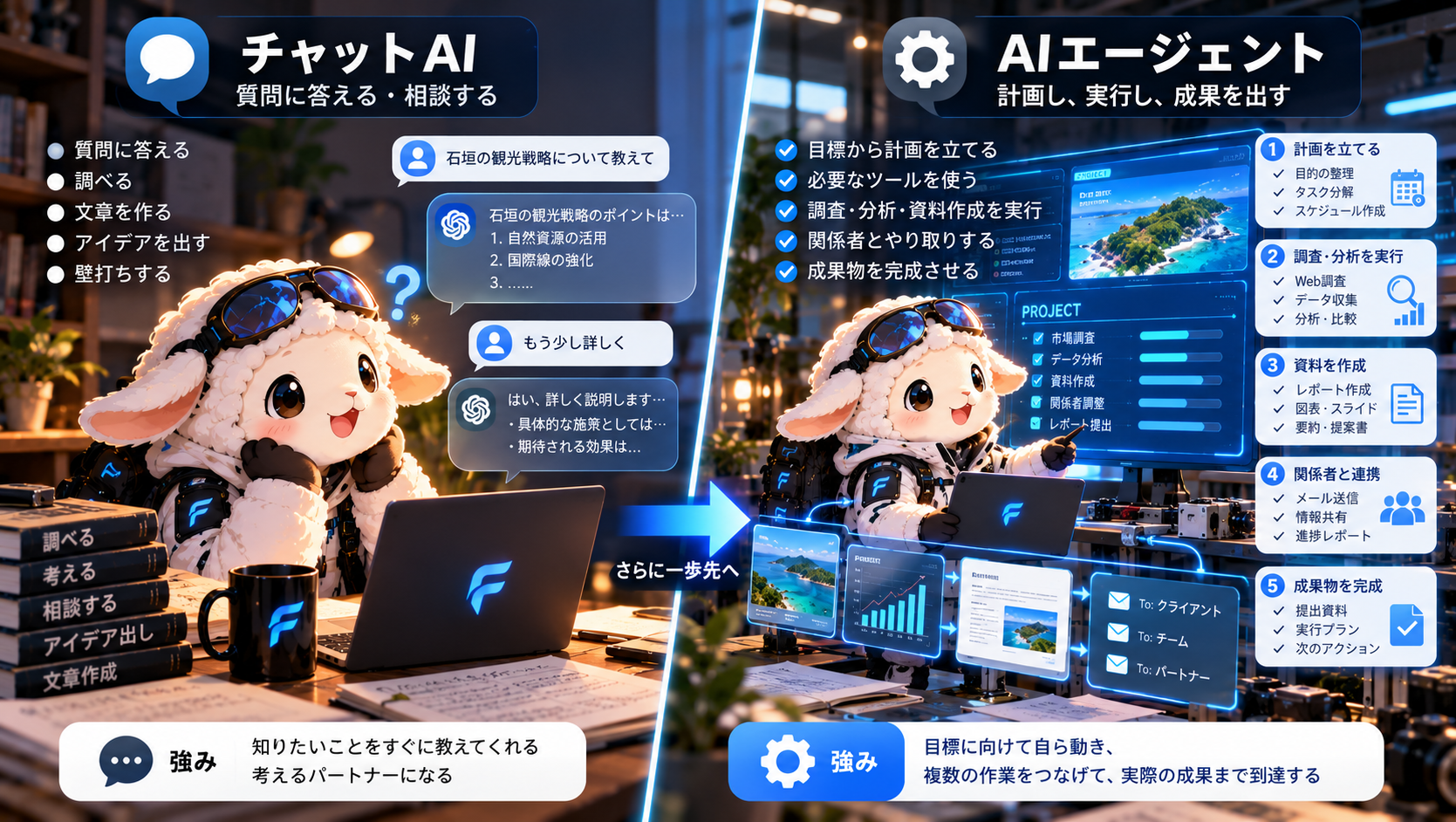 FORESIGHTのKUFUが、質問や相談に答えるチャットAIと、計画から調査・実行・成果物作成まで進めるAIエージェントの違いを比較する