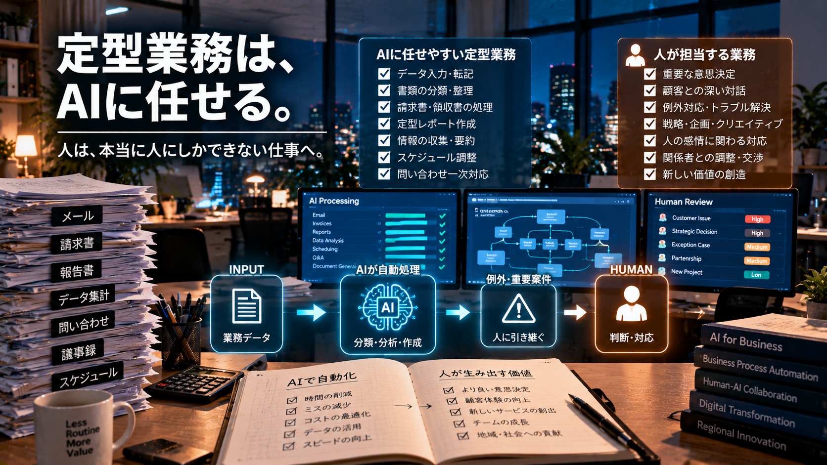 データ入力・書類整理などの定型業務をAIが自動処理し、例外や重要判断だけを人間へ戻すバックオフィス自動化のイメージ