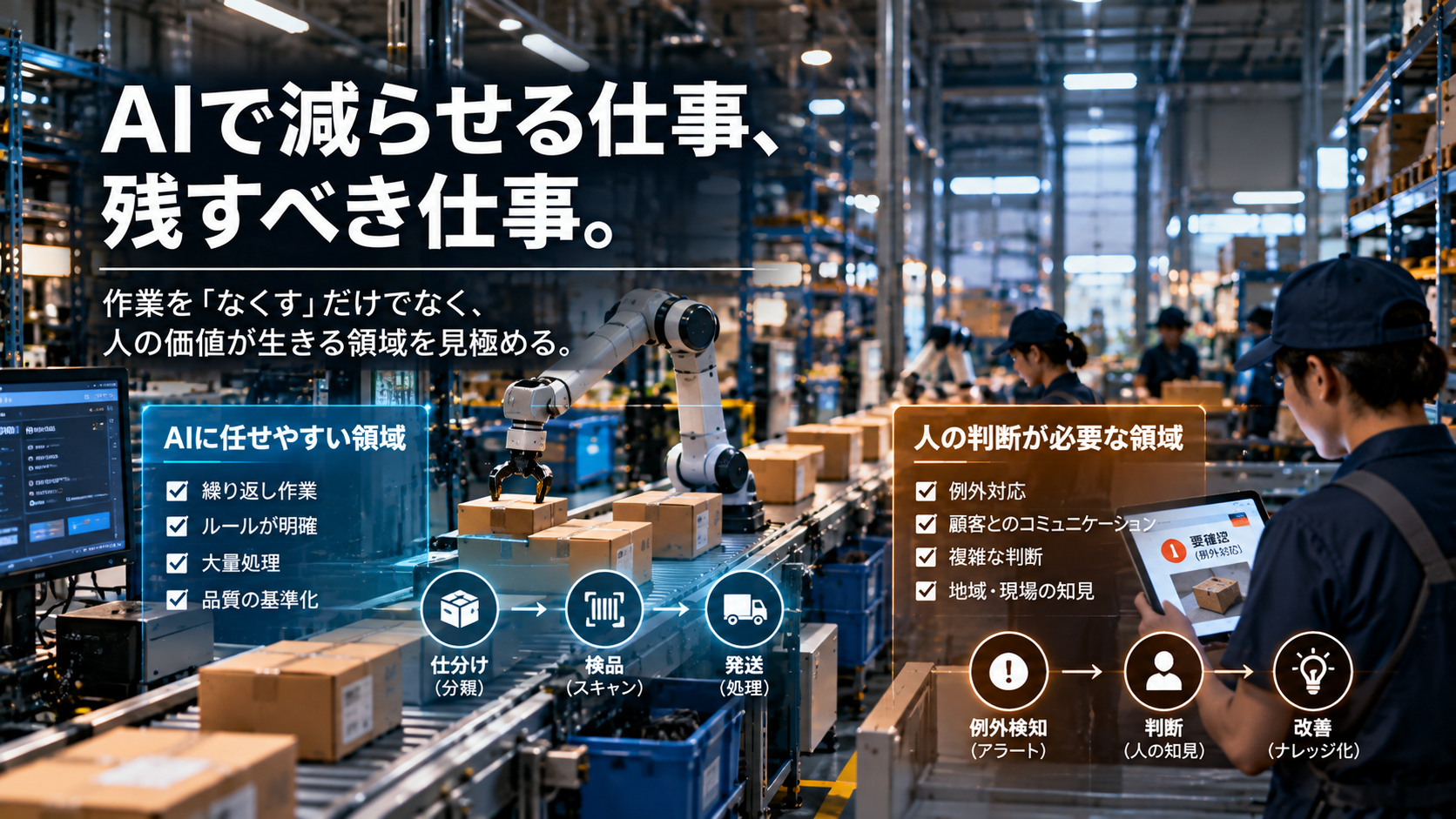 AIに任せやすい反復作業と、人間の判断が必要な例外対応を物流・製造ラインの現場で対比した業務自動化のイメージ