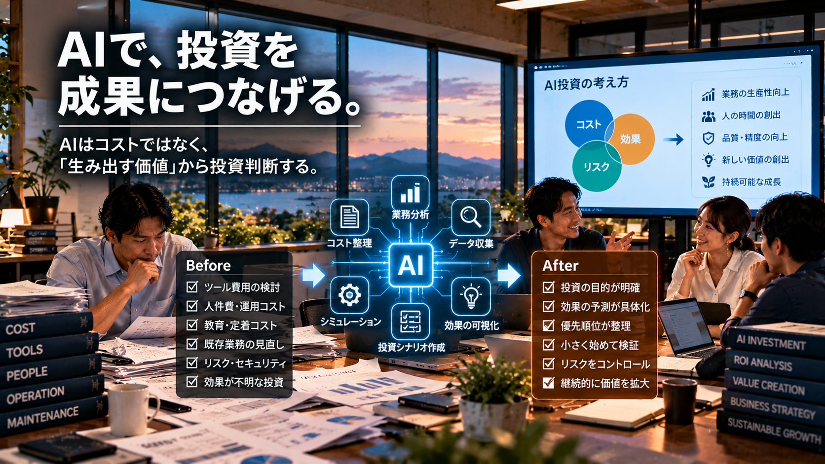 AIエージェントへの投資をツール費用だけでなく、人の時間・品質・新しい価値・事業成果まで含めてROIとして検討するイメージ