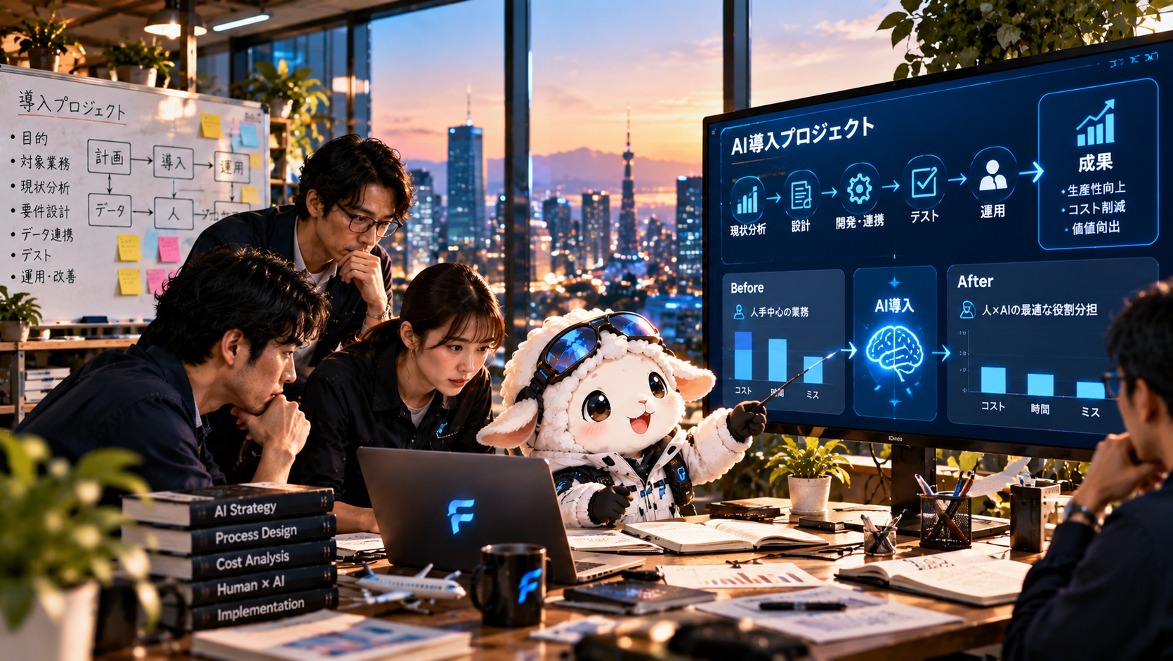 FORESIGHTのKUFUとチームが、AIエージェント導入後のコスト・時間・業務成果を比較しKPIを検証している様子