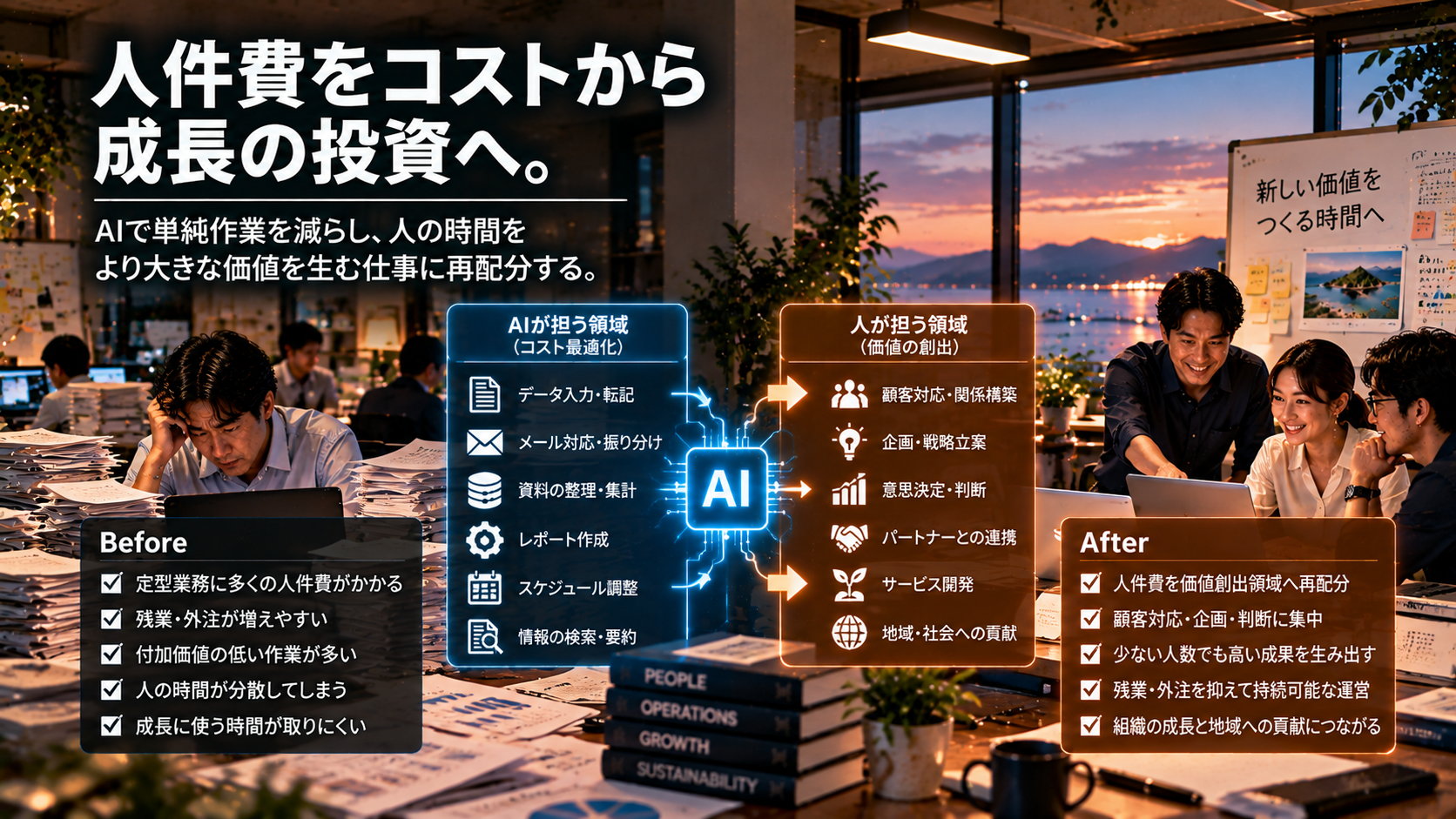 AIで定型業務・残業・外注負荷を抑え、浮いた人の時間を顧客対応・企画・判断など価値創出へ再配分して人件費削減の費用対効果を考えるイメージ
