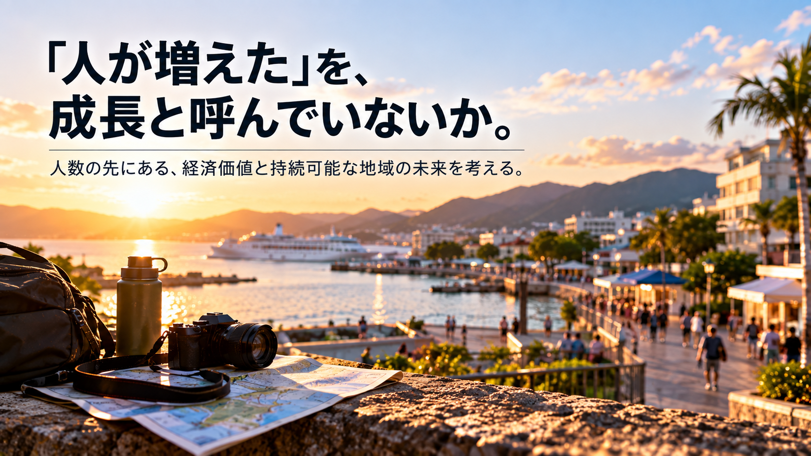 観光客の人数だけでなく、地域に残る経済価値と持続可能な成長を考える港町の夕景