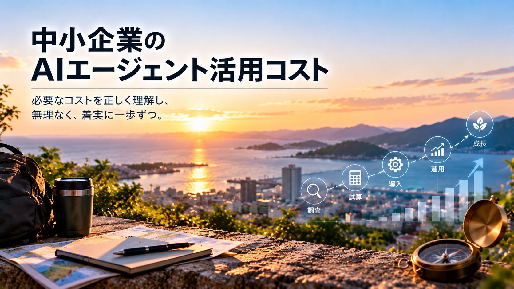 AIエージェントの導入費用を、調査・試算・導入・運用まで含む総運用コストとして検討するためのイメージ