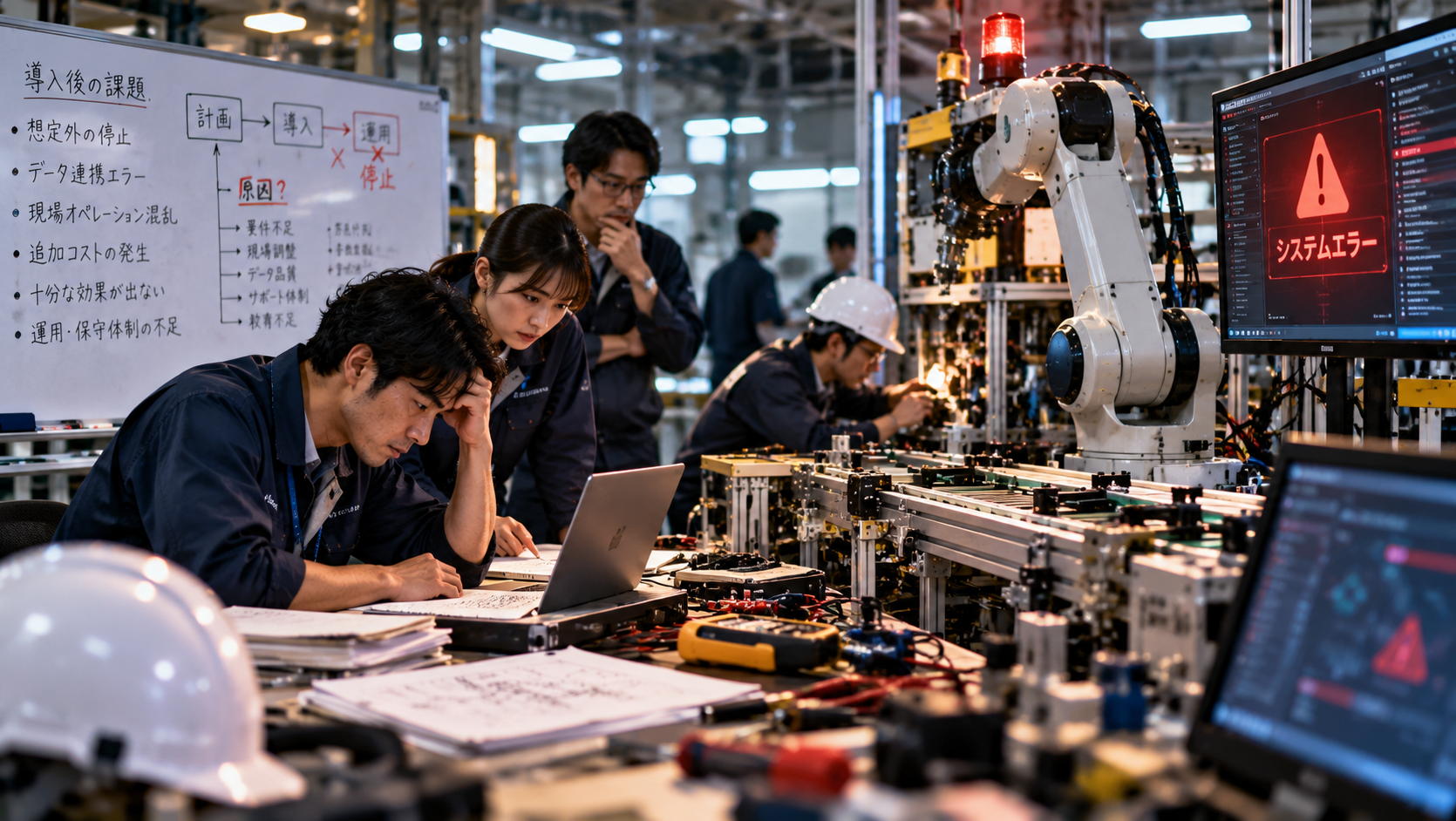 AI導入後に自動化設備が停止し、人件費削減の効果が出ない原因を技術チームが現場で検証している様子