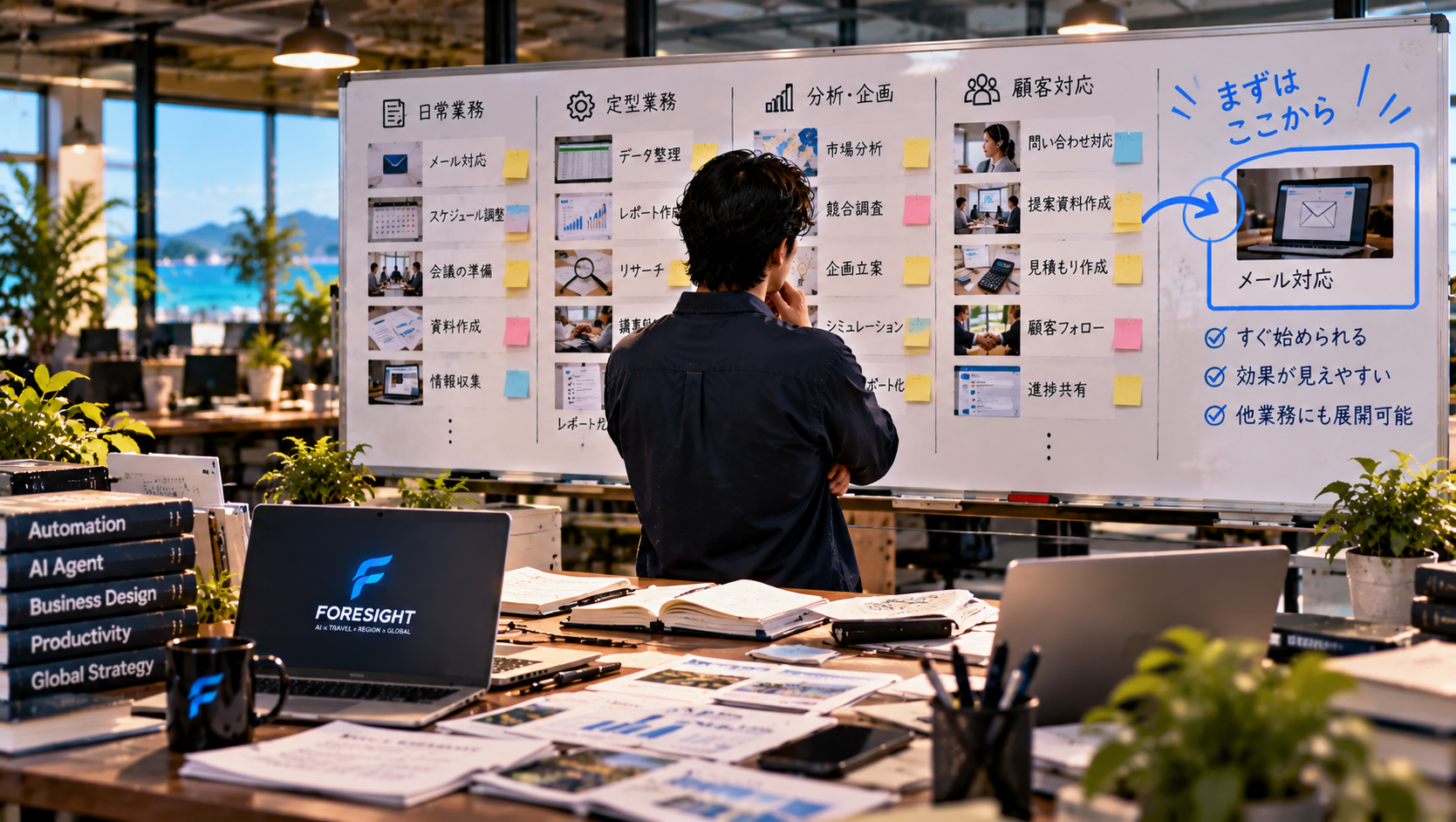 AIエージェント導入候補となる複数の業務から、失敗範囲が小さく効果を確認しやすい最初の1業務を選定している様子