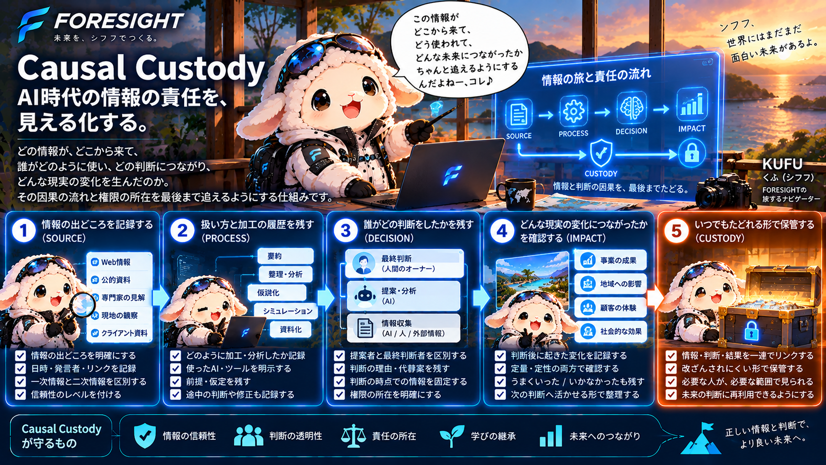FORESIGHTのKUFUが、情報の出どころ・加工履歴・判断主体と権限・現実への影響・保管までを追跡し、意思決定の因果と責任をたどれるCausal Custodyを解説する