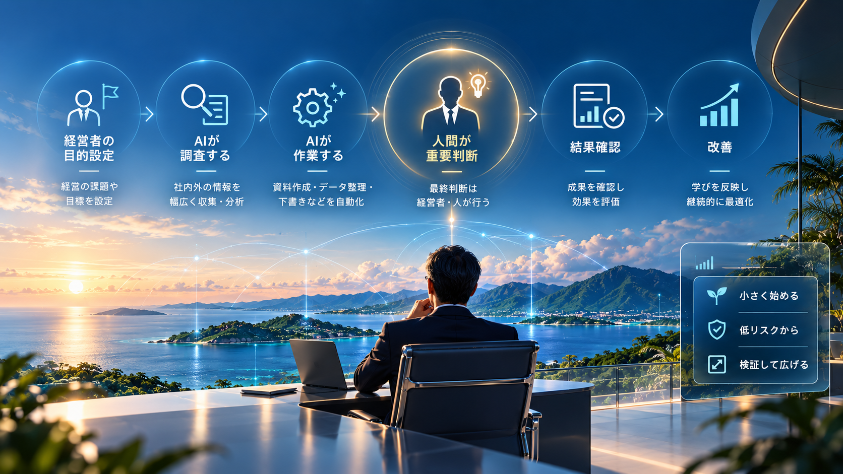 中小企業のAIエージェント導入を、導入手順・AIによる業務自動化・人間の重要判断・導入費用・効果測定まで整理したワークフロー図