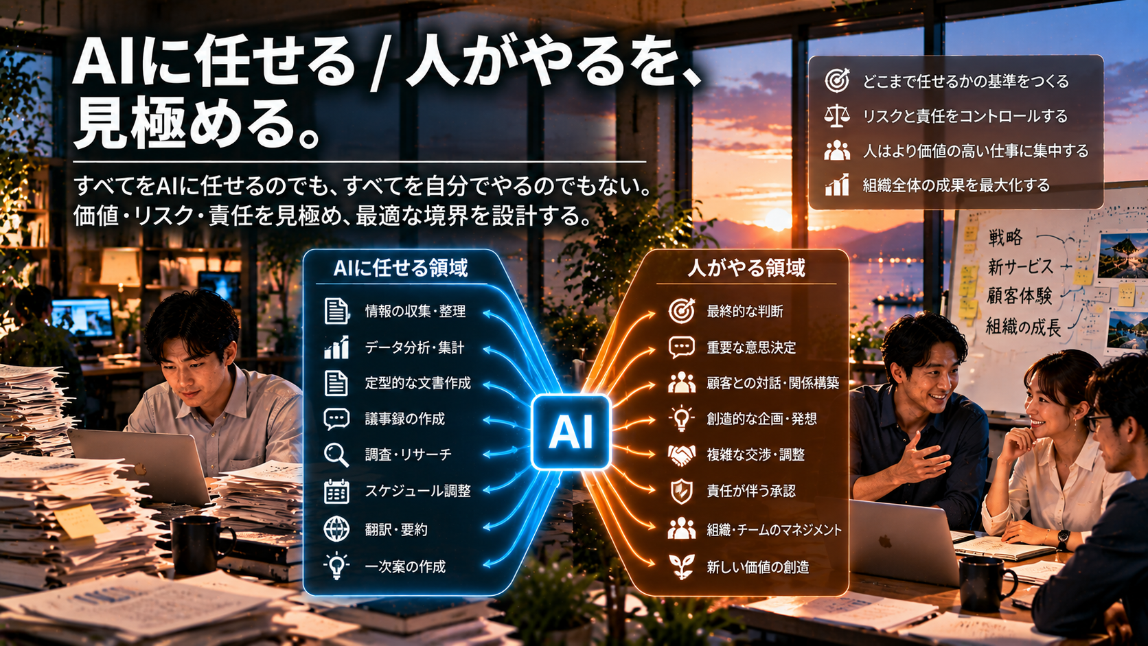 AIに任せる情報収集・分析・定型作業と、人が担う最終判断・重要意思決定・交渉・承認を分け、委任境界を設計するイメージ