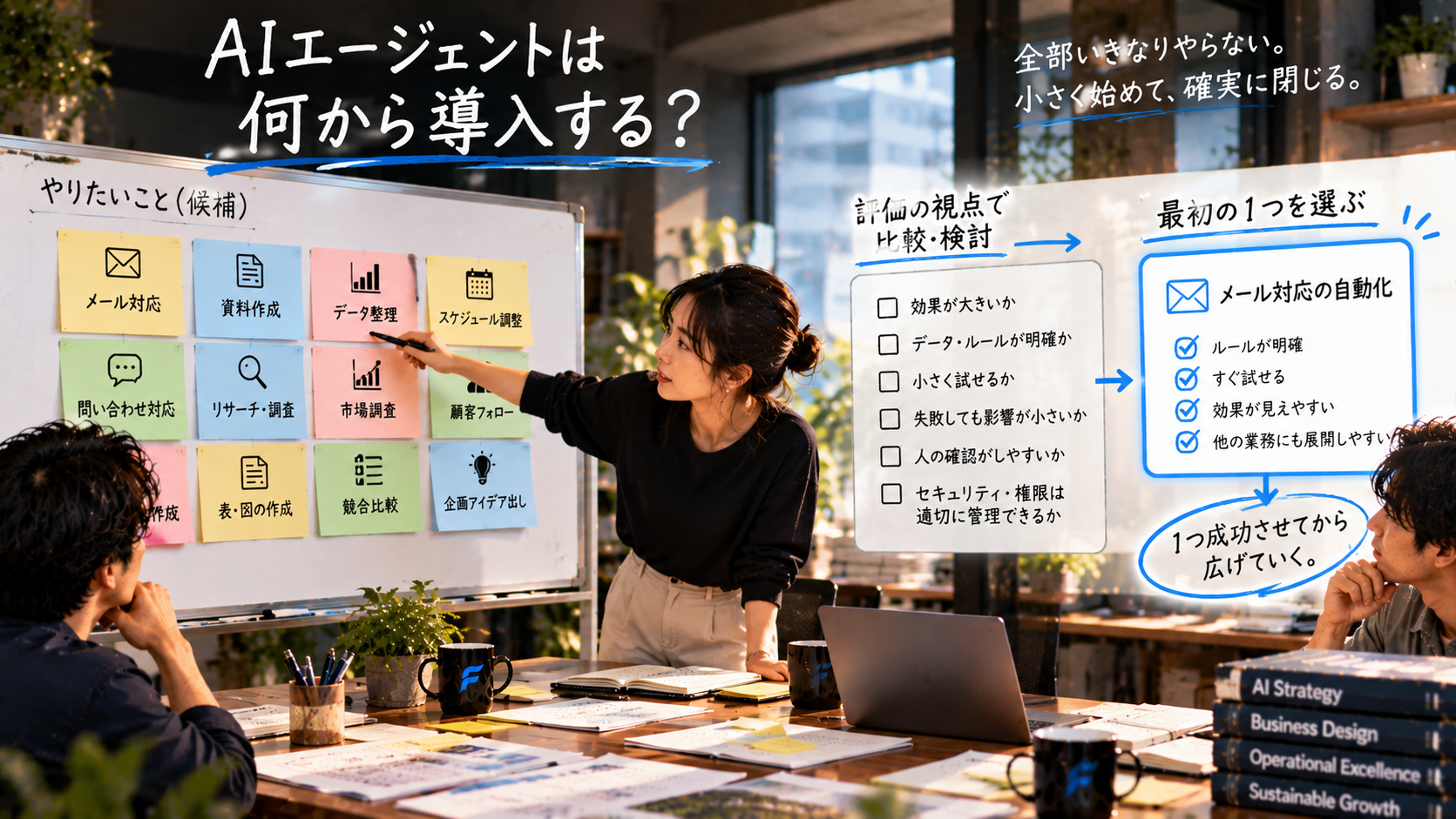中小企業のチームがAIエージェント導入候補の業務を比較し、最初の1業務を小さく選んで段階的な導入手順を検討している様子