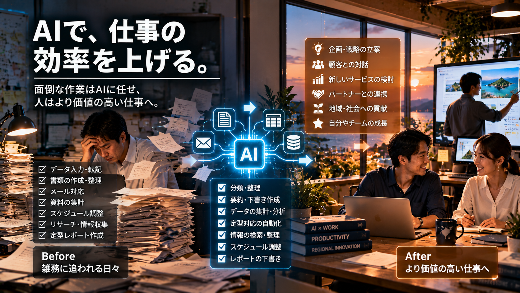 データ入力・書類整理・情報収集などの反復業務をAIへ任せ、人が顧客対話・企画・判断など価値の高い仕事へ集中する業務効率化のイメージ
