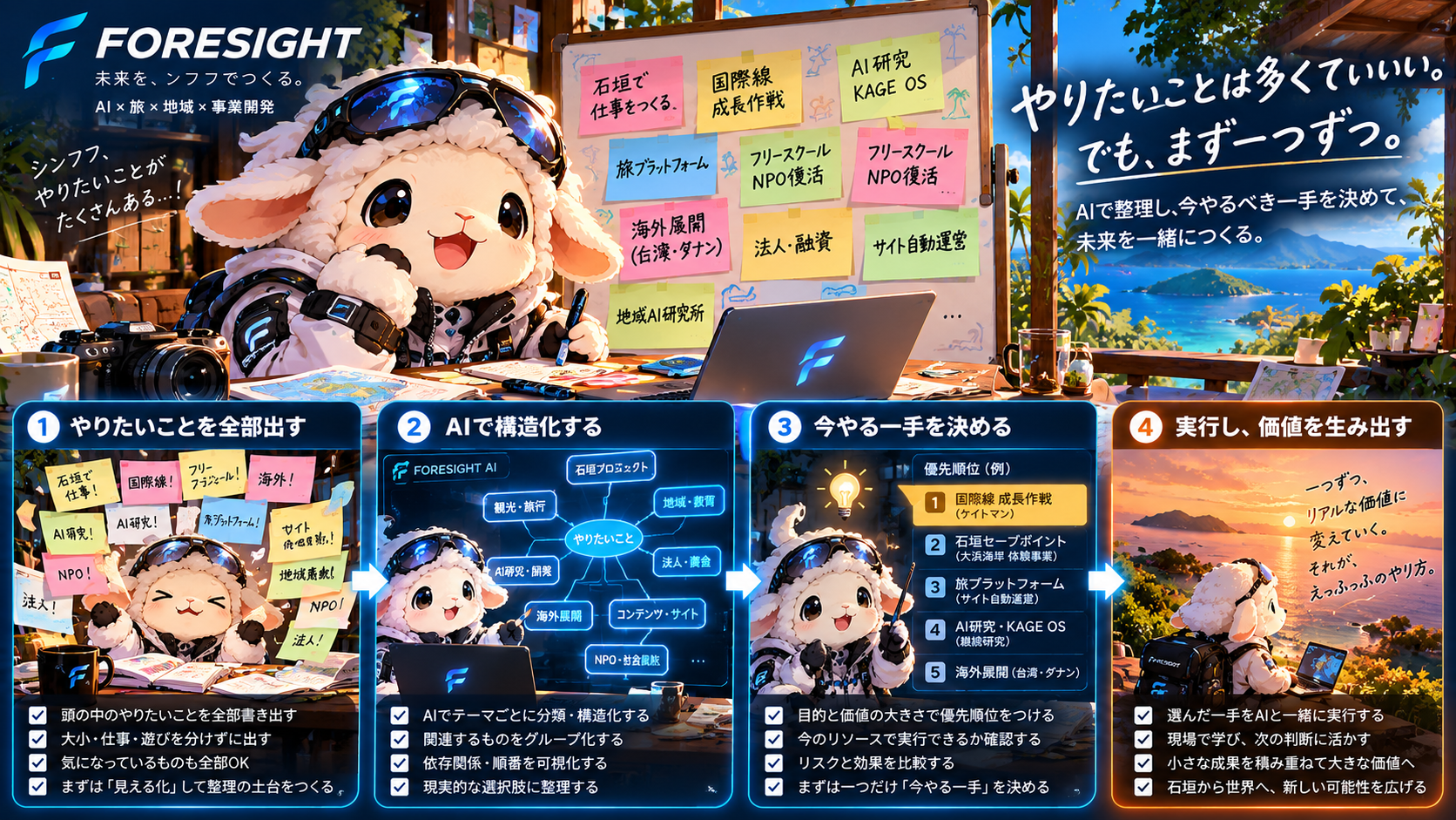 FORESIGHTのKUFUが、えっふっふの多様なプロジェクトをAIで構造化し、依存関係と優先順位から今やる一手を選び、REALで実行するPROJECT EFFUFUの実例