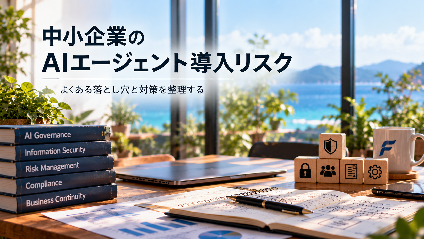 中小企業のAIエージェント導入で重要となる権限管理・情報セキュリティ・リスク管理・コンプライアンス・事業継続を象徴する無人のワークスペース