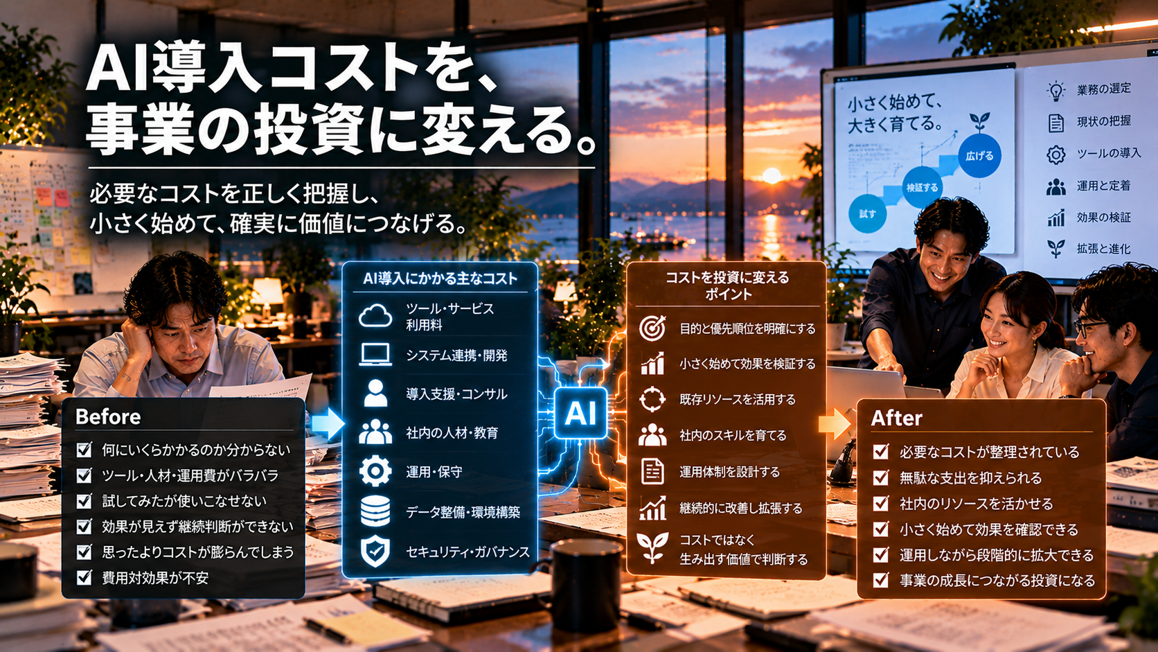 AI導入費用をツール利用料だけでなく、システム連携・開発・導入支援・人材教育・運用保守・データ整備・セキュリティまで含む総コストで考えるイメージ