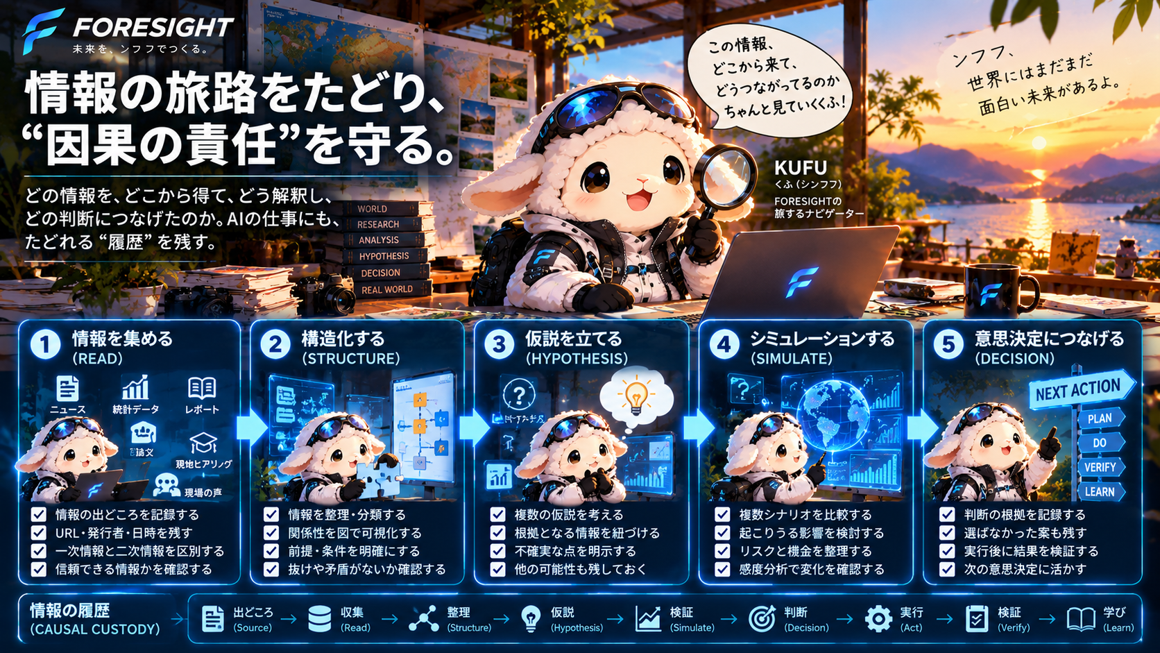 FORESIGHTのKUFUが、情報を読み構造化し、仮説・シミュレーション・意思決定から実行・検証・学習へつなげ、次の判断を変える知性ライフサイクル