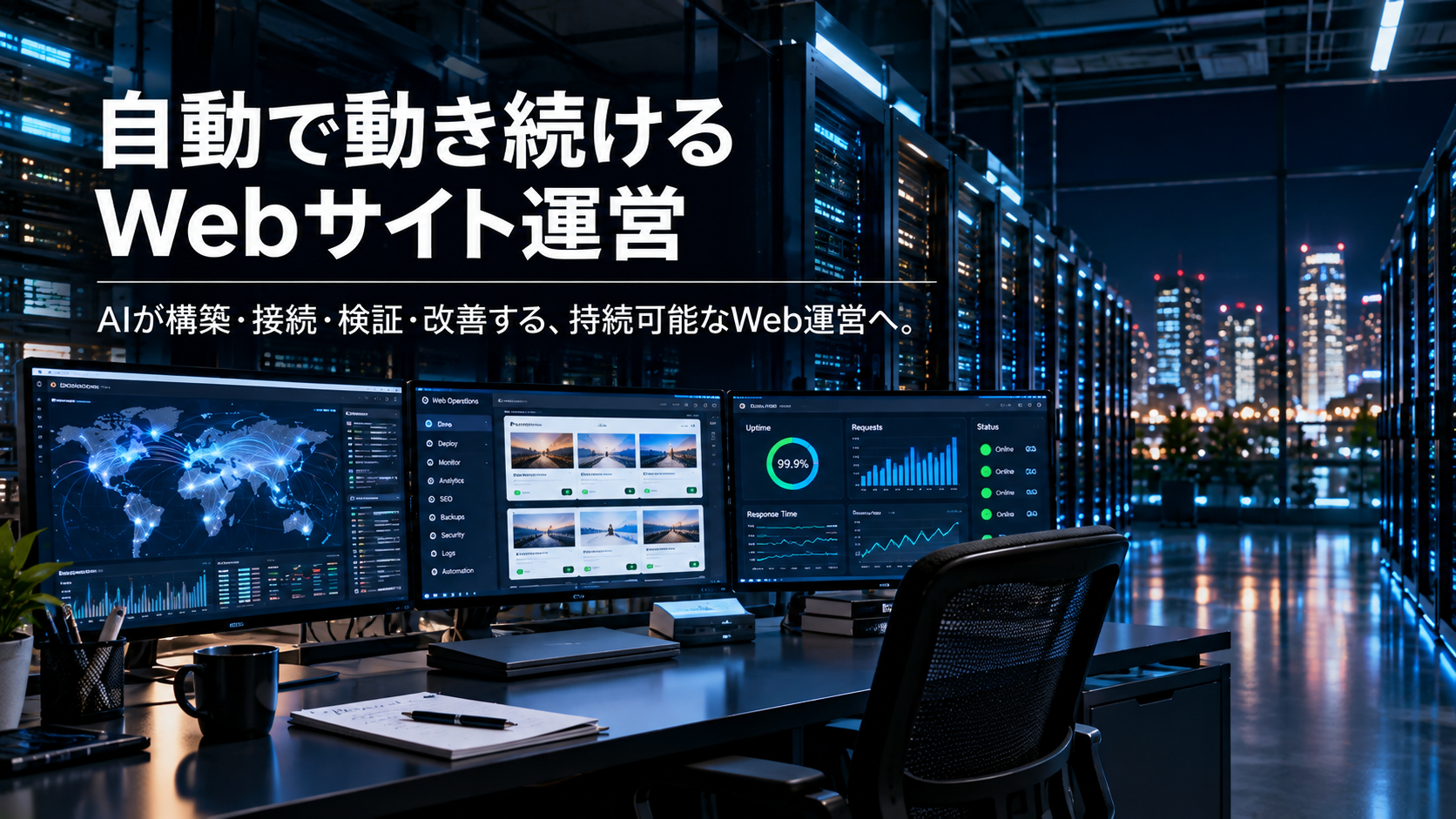 深夜の無人データセンターでWebサイトの公開・監視・検証・改善を継続する自律Web運用のイメージ