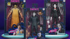 NECA Fortnitemares Wave 1 packaging images for Leatherface, Michael Myers, and Billy from Saw