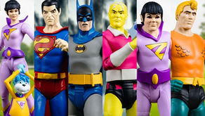McFarlane DC Super Friends figures of Aquaman, Braniac, Bizarro, Zan, Jayna & Gleek