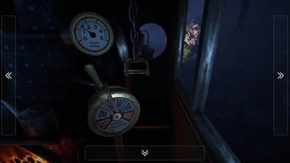 O acelerador do trem, com várias velocidades diferentes e um relógio mostra a temperatura da caldeira.