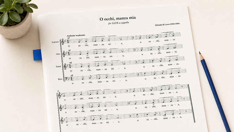 Choral score showing multiple vocal staves and systems for beginning choir score navigation