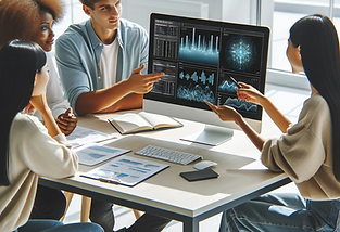 DALL·E People sitting around a PC, PC shows advanced calculations.png