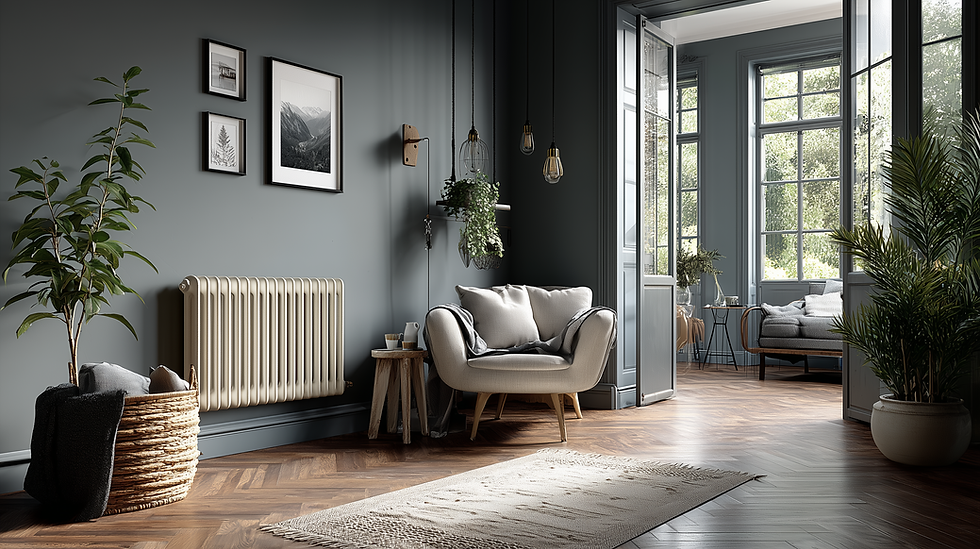 Salon moderne avec radiateur mural, offrant chauffage et confort.