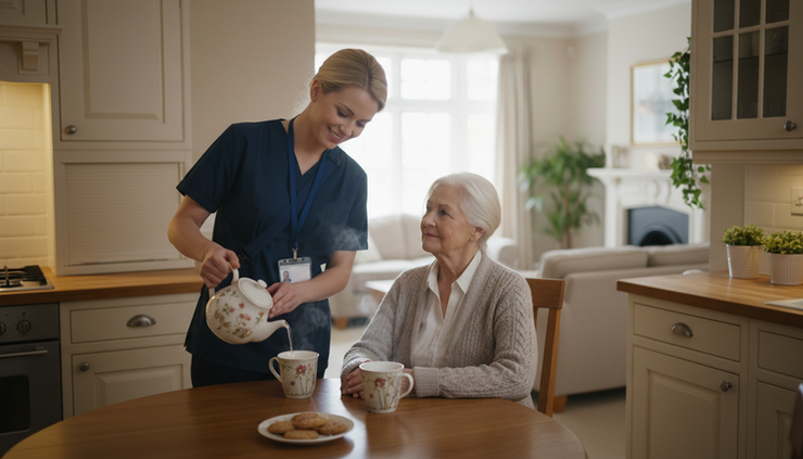 Close-up view of a caregiver preparing tea beside an older adult at a kitchen table