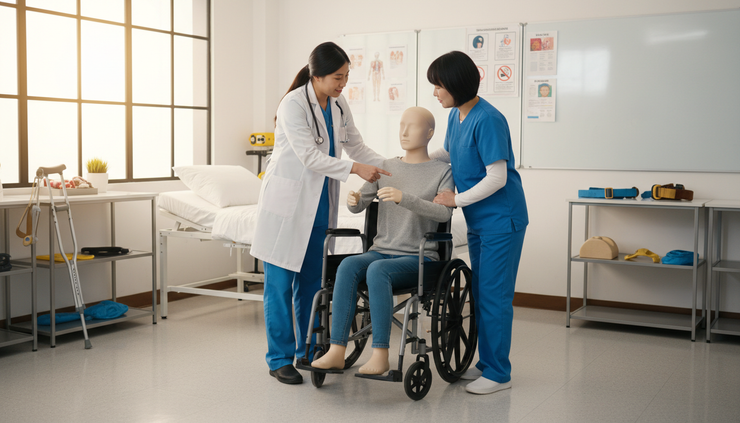 Eye-level view of a caregiver instructor guiding a student through a safe transfer exercise