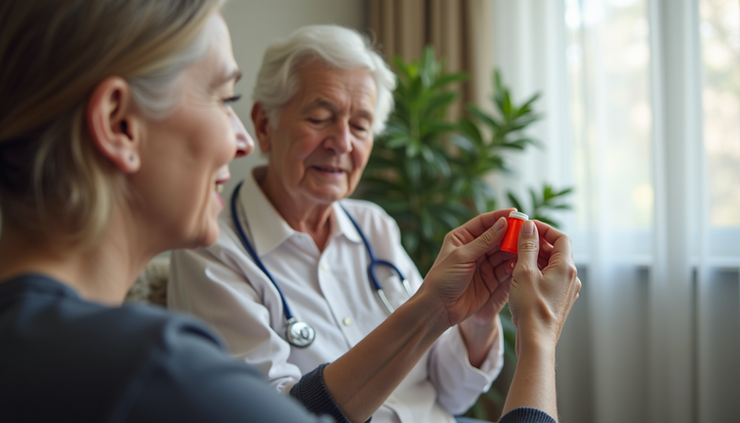 Close-up view of a caregiver preparing medication for an elderly person in a Virginia home