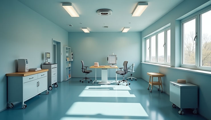 High angle view of a training room with caregiving equipment and learning materials