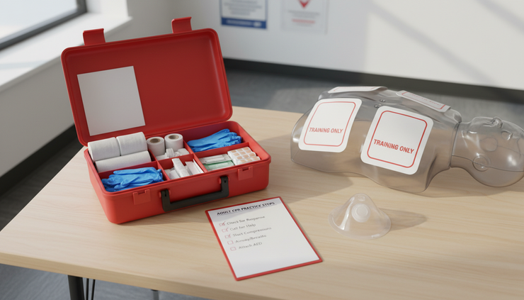 Overhead view of a first aid kit and CPR training materials on a classroom table