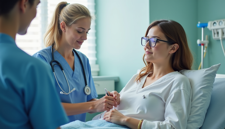 Eye-level view of a caregiving instructor demonstrating patient care techniques to a student in a training room