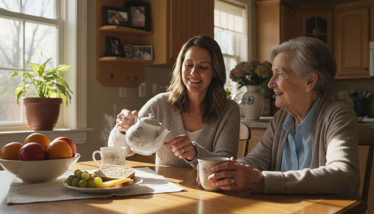 Close-up view of a caregiver preparing tea with an older adult at a kitchen table.
