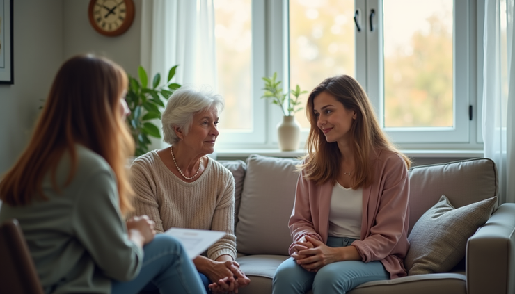High angle view of a Virginia family discussing home care options with a professional