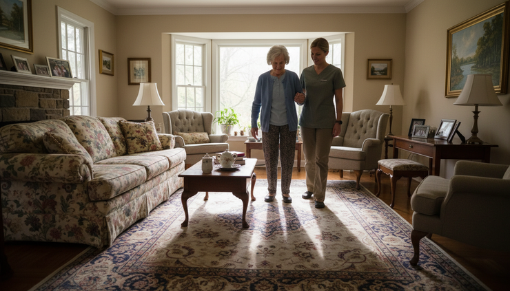 Wide-angle view of an older adult walking safely through a living room with a caregiver nearby.