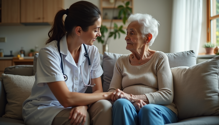 Eye-level view of a caregiver sitting beside an elderly woman in a cozy living room
