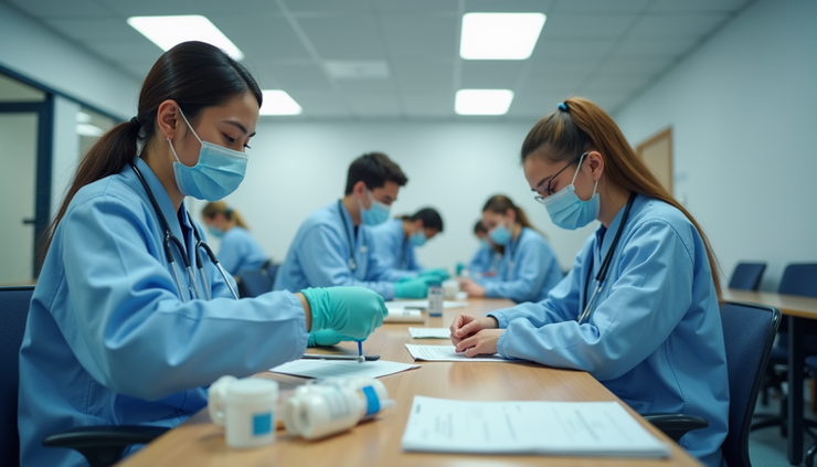 Eye-level view of a classroom with healthcare trainees practicing medication administration