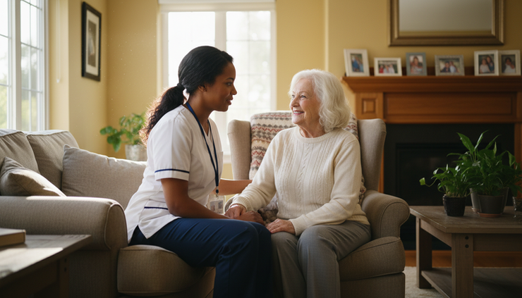 Eye-level view of an older adult smiling with a caregiver nearby in a cozy living room